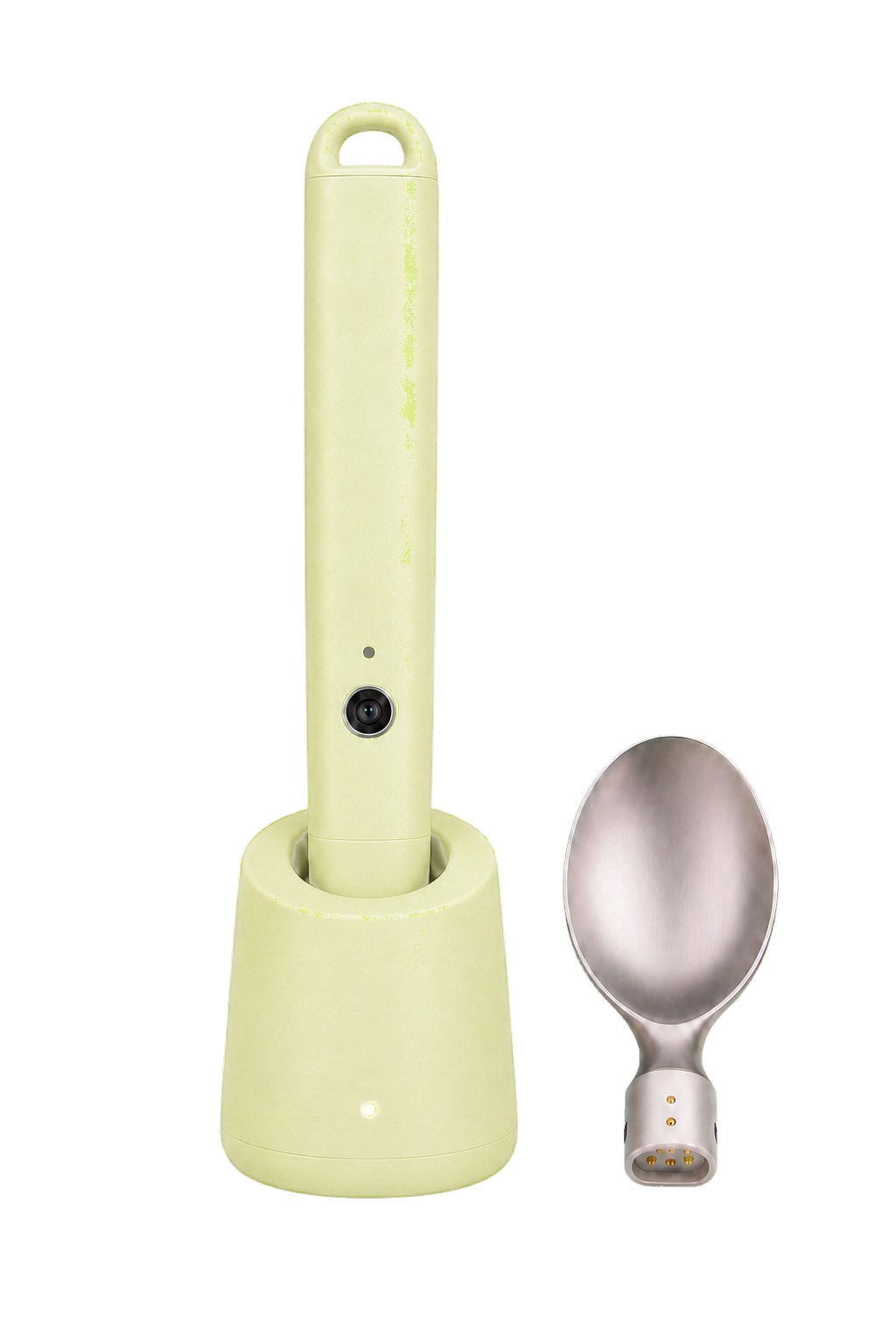 淺清新綠 SpoonGo 智慧湯匙、同色充電座與經典銀匙面